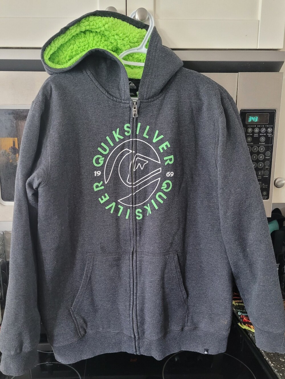 Quiksilver Kids Dark Charcoal Hoodie with Lime Green Sherpa Lining